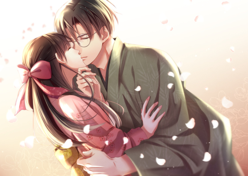 1boy 1girl black_hair bow couple floral_print glasses hair_bow hetero izumi_(stardustalone) japanese_clothes kimono kiss long_hair petals pink_bow pink_kimono renri_no_chigiri_wo_kimi_to_shiru short_hair simple_background upper_body white_background wide_sleeves