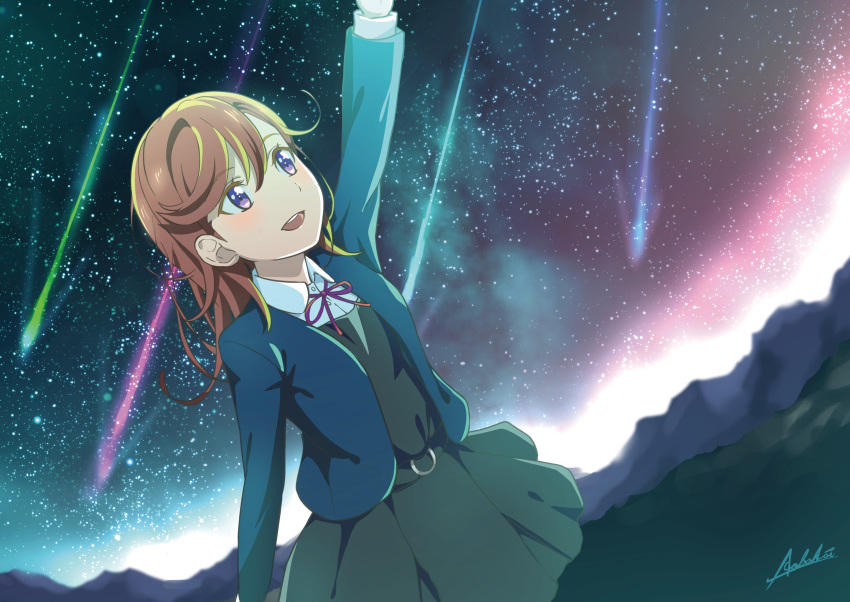 1girl absurdres al_aoi_aoba bangs belt_buckle blazer bow bowtie buckle commentary_request eyebrows_visible_through_hair highres jacket long_hair long_sleeves love_live! love_live!_superstar!! meteor_shower orange_hair purple_eyes red_neckwear school_uniform shibuya_kanon shooting_star signature sky solo star_(sky) starry_sky yuigaoka_school_uniform