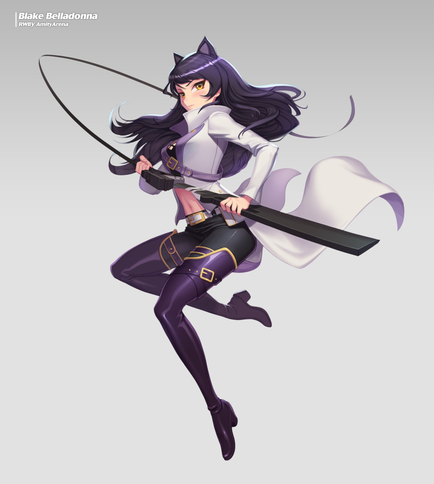 1girl absurdres animal_ears black_hair black_pants blake_belladonna boots cat_ears character_name closed_mouth coat copyright_name crop_top floating_hair full_body gambol_shroud grey_background highres holding holding_sword holding_weapon long_hair midriff navel open_clothes open_coat pants purple_footwear rwby sheath shiny shiny_hair solo stomach sword thigh_boots thighhighs unsheathing uyalago very_long_hair weapon white_coat yellow_eyes