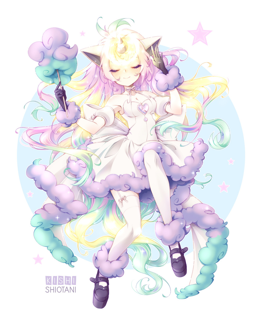 1girl animal_ears artist_name bare_shoulders blush closed_eyes closed_mouth commentary_request dress eyelashes full_body galarian_form galarian_ponyta gen_8_pokemon gloves highres holding horns kishishiotani looking_at_viewer personification pokemon purple_hair shoes single_horn smile solo star_(symbol) thighhighs white_legwear