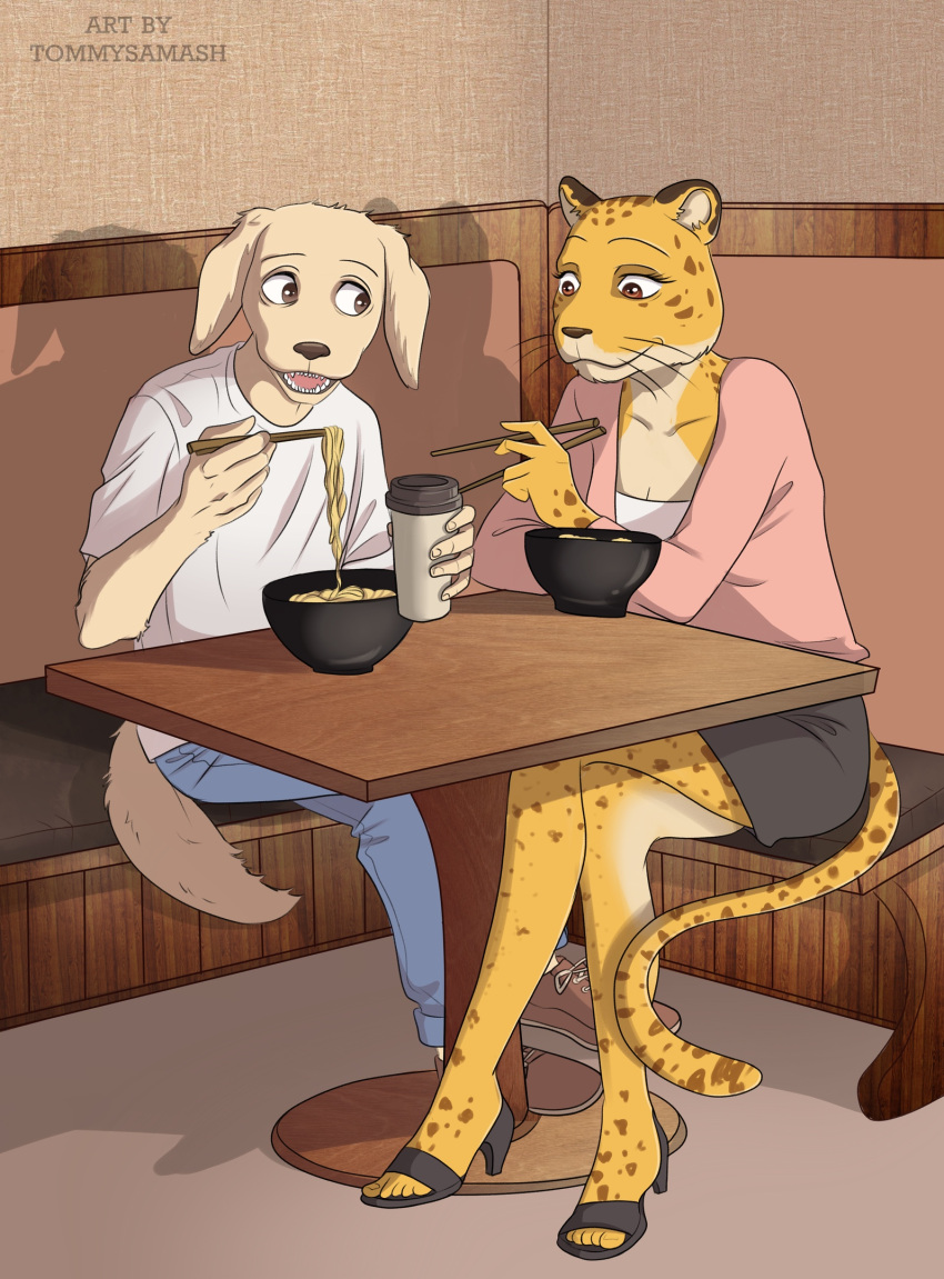 2020 anthro beastars beverage bird_dog bottomwear bowl canid canine canis cheetah chopsticks clothed clothing detailed_background digital_media_(artwork) domestic_dog duo eating felid feline female food fur furniture hi_res holding_beverage holding_chopsticks holding_object hunting_dog jack_(beastars) labrador looking_at_another looking_down male male/female mammal noodles open_mouth restaurant retriever romantic_couple shiira_(beastars) shirt sitting skirt smile t-shirt table teeth tommysamash tongue topwear yellow_body yellow_fur