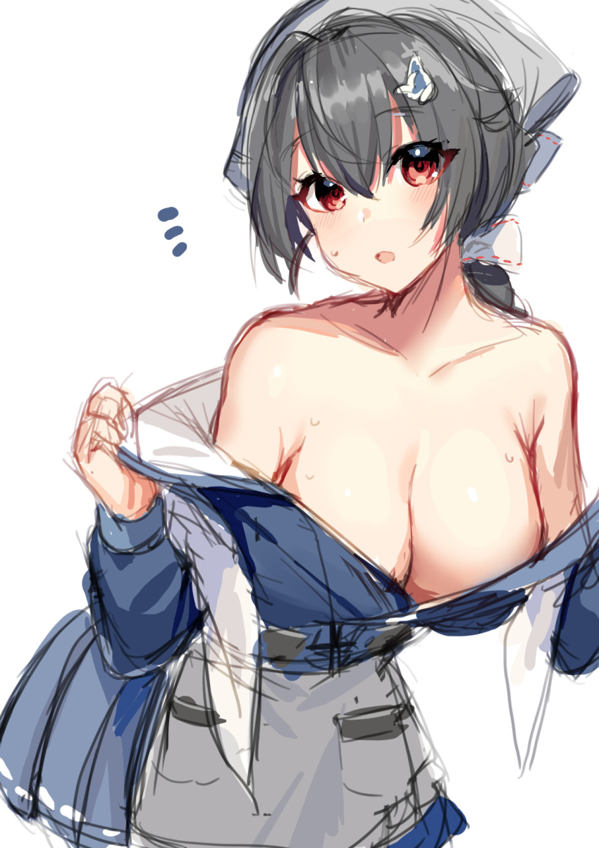 1girl :o akagi_kurage apron bangs bare_shoulders black_hair blue_skirt blush breasts cleavage hair_flaps hair_ornament hair_ribbon highres jingei_(kancolle) kantai_collection large_breasts long_sleeves notice_lines open_clothes open_mouth pleated_skirt red_eyes ribbon simple_background sketch skirt solo sweat undressing waist_apron white_background