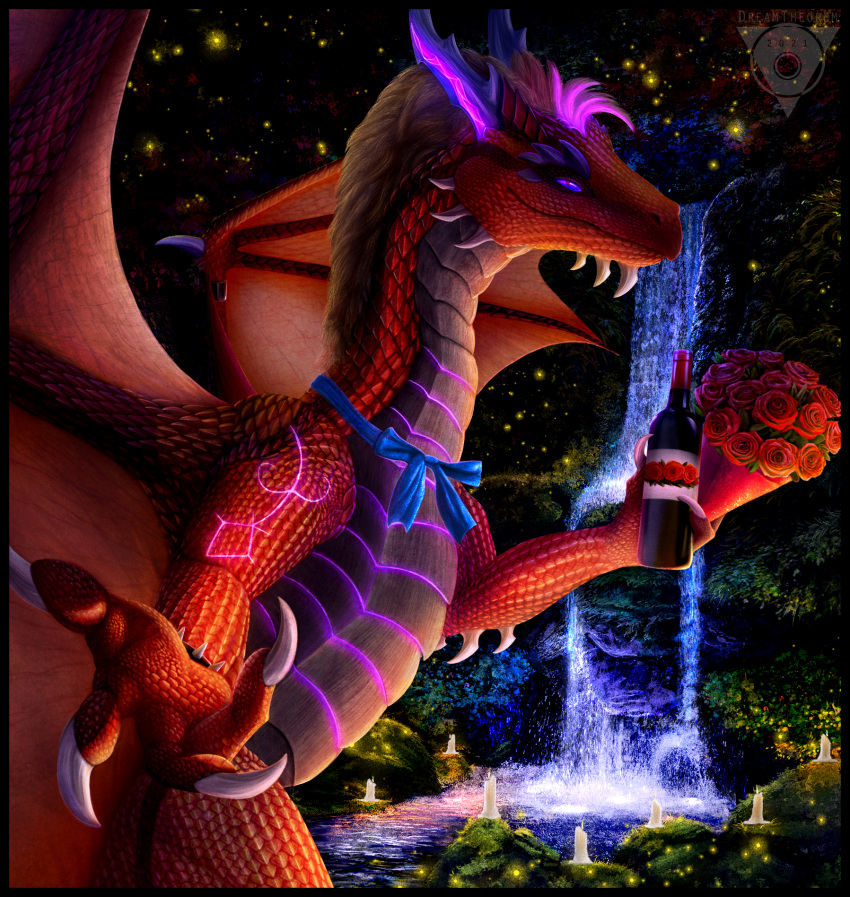 2021 claws detailed_background digital_media_(artwork) dragon glacierdragoon hair hi_res horn membrane_(anatomy) membranous_wings night outside purple_eyes red_body red_scales scales scalie sky spines star starry_sky western_dragon wings