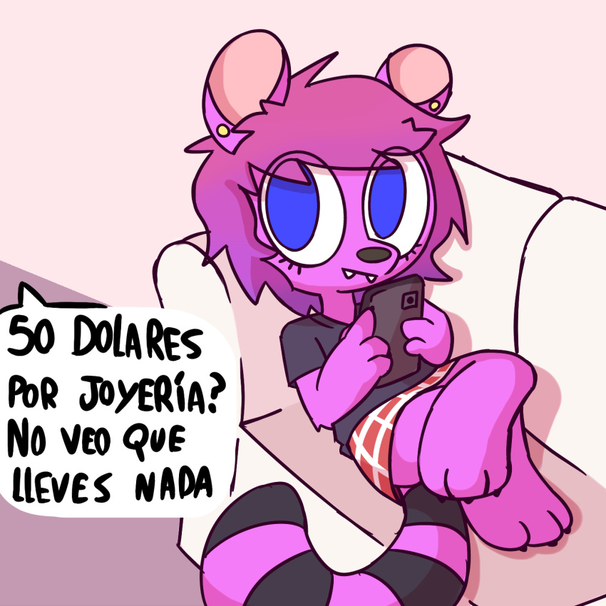 1:1 anthro cellphone coati female furniture hair hi_res mammal mocho4266 phone procyonid purple_hair sofa solo spanish_text text translated