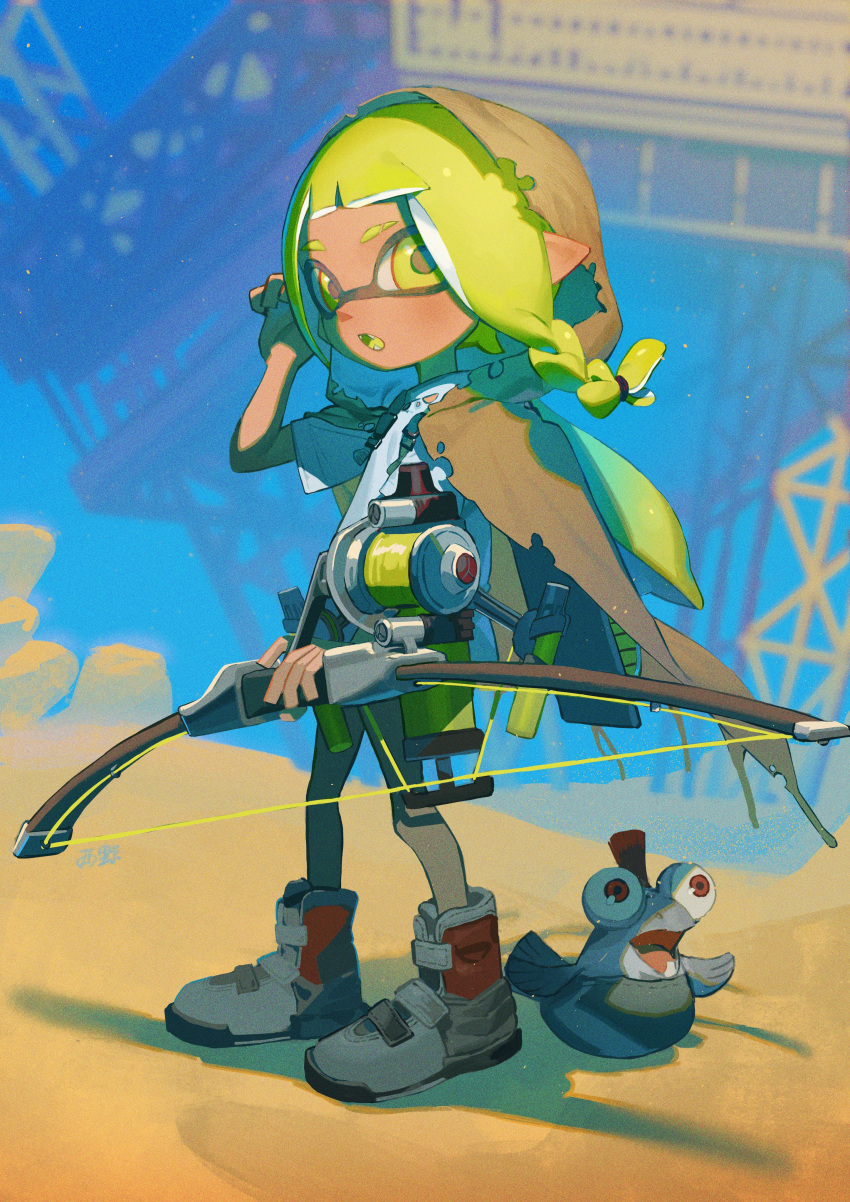 1girl :o absurdres arm_up bangs blue_sky blunt_bangs boots bow_(weapon) braid closed_mouth colored_tongue commentary_request dark_skin dark_skinned_female day domino_mask eiffel_tower eyebrow_cut film_grain full_body green_eyes green_tongue high_tops highres holding holding_weapon hood inkling leggings long_hair looking_at_viewer mask outdoors pointy_ears salmonid sharp_teeth shirt shoes short_sleeves sideways_glance sky sneakers splatoon_(series) splatoon_3 standing teeth tentacle_hair tied_hair torino_kawazu torn_clothes weapon white_shirt yellow_eyes yellow_tongue