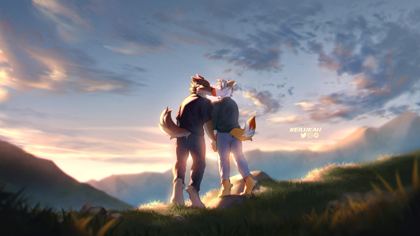 16:9 anthro black_nose brown_body brown_fur canid canine canis clothed clothing couple_(disambiguation) domestic_dog duo fur grass hand_holding kissing lukiri male male/male mammal mountain orange_body orange_fur plant raised_tail reilukah standing white_body white_fur widescreen wolf
