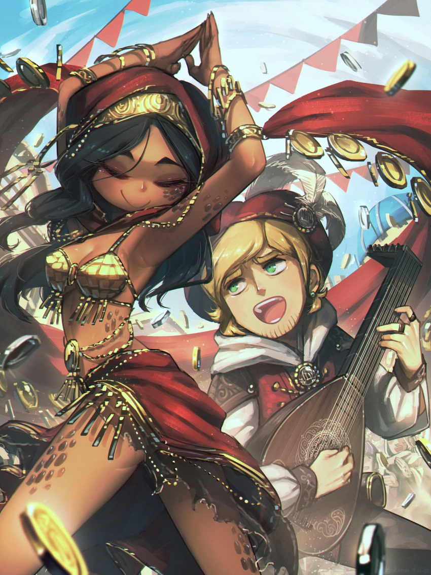 1boy 1girl absurdres arms_up bard black_hair blonde_hair bracelet clapping closed_eyes coin crowd dancer dancing dark_skin earrings fantasy gold green_eyes hat hat_feather highres instrument jewelry long_hair lute_(instrument) monster_girl music original playing_instrument porforever revealing_clothes ring scales smile teeth