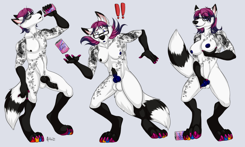 anthro beverage breast_growth breasts canid canine changing drinking dusty_fox fox growth gynomorph hair herm hi_res holding_breast intersex long_hair male mammal penis_shrinking rainbow_paws redrevolution shocked solo tattoo trans_(lore) transformation