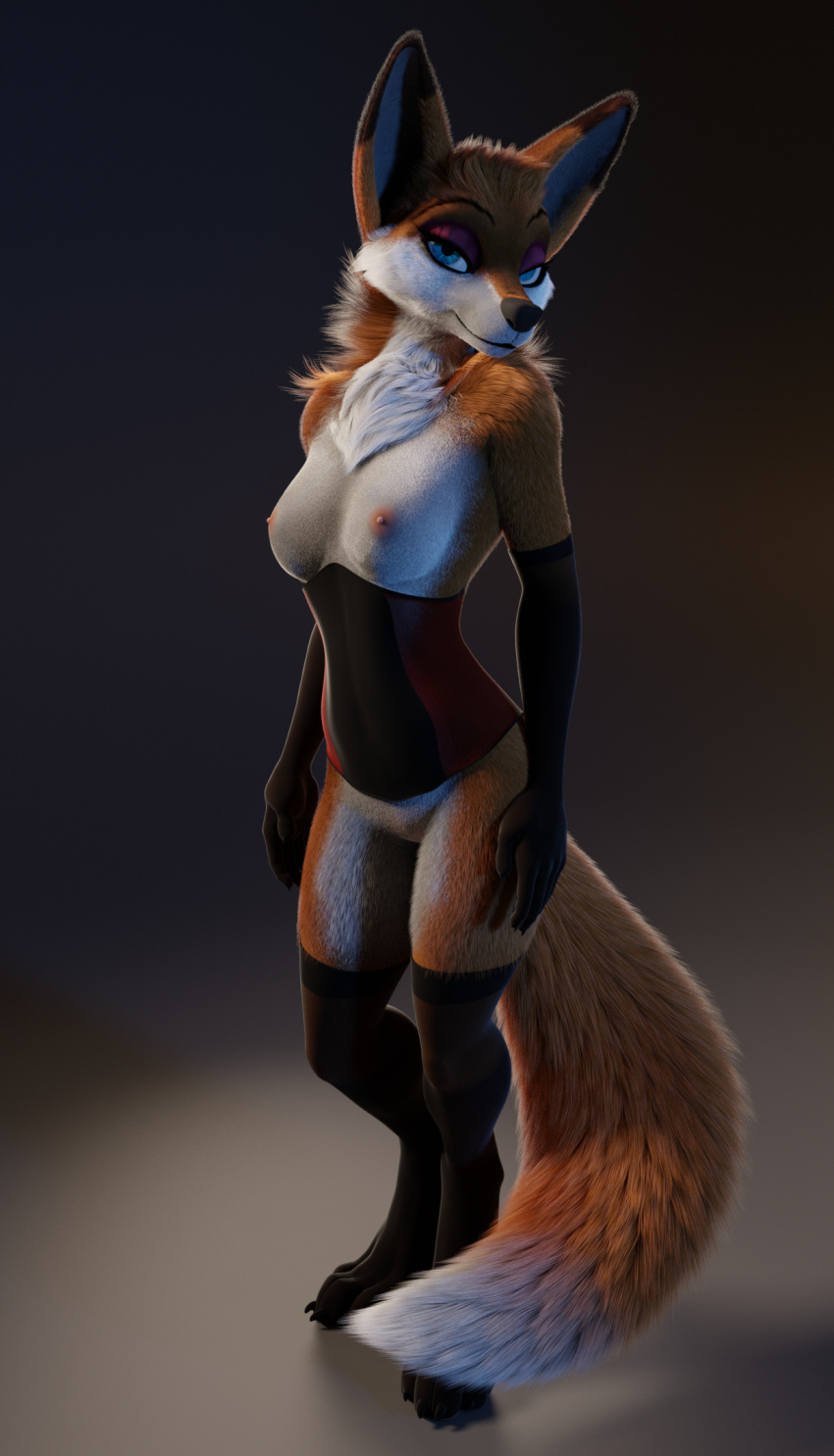 3d_(artwork) anthro areola biped blue_eyes breasts canid canine chest_tuft claws clothing corset digital_media_(artwork) dipstick_ears dipstick_tail female fox full-length_portrait fur hair hi_res lingerie looking_at_viewer makeup mammal mitts multicolored_body multicolored_ears multicolored_fur multicolored_tail neck_tuft nipples orange_body orange_fur photorealism piercing portrait ruaidri solo toe_claws topwear tuft two_tone_body two_tone_fur white_body white_fur