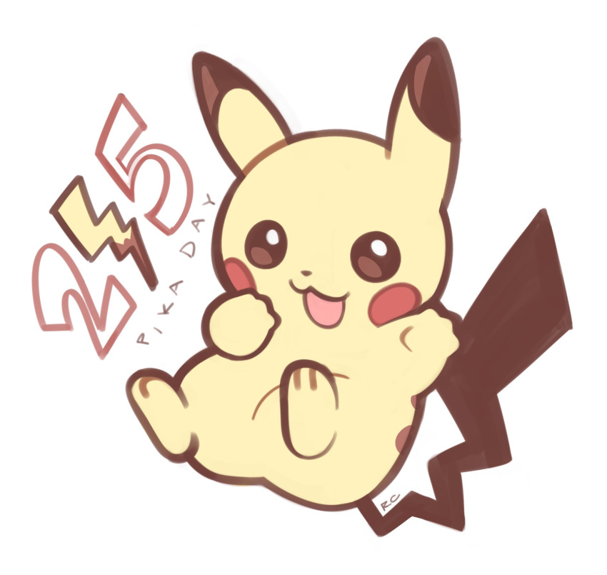 :3 :d artsy-rc commentary english_commentary full_body gen_1_pokemon hand_up highres looking_at_viewer no_humans open_mouth pikachu pikachu_day pokemon signature simple_background smile solo white_background