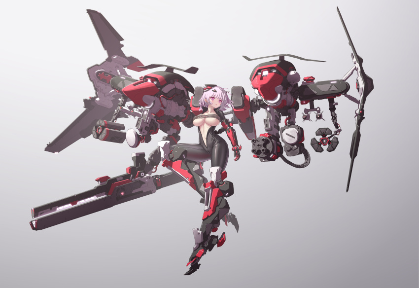 1girl absurdres armored_boots bangs black_bodysuit black_tubetop bodysuit boots breasts catsuit cleavage collarbone covered_navel eyebrows_visible_through_hair floating full-length_zipper full_body gradient gradient_background grey_background headgear highres large_breasts looking_to_the_side mecha_musume navel open_bodysuit original parted_lips pink_eyes pink_hair short_hair si_(ruanmumu) sidelocks simple_background skin_tight stomach strapless symbol_commentary tagme torn_clothes tubetop underboob unzipped white_background zipper