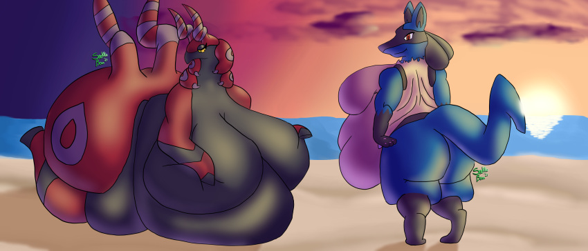 21:9 absurd_res anthro arthropod belly big_belly big_breasts blue_body blue_fur breasts butt canid canine duo female fur hi_res huge_breasts hyper hyper_breasts lucario mammal myriapod nintendo nude obese obese_anthro obese_female overweight overweight_anthro overweight_female pok&eacute;mon pok&eacute;mon_(species) scolipede smile snekkobean standing thick_thighs video_games