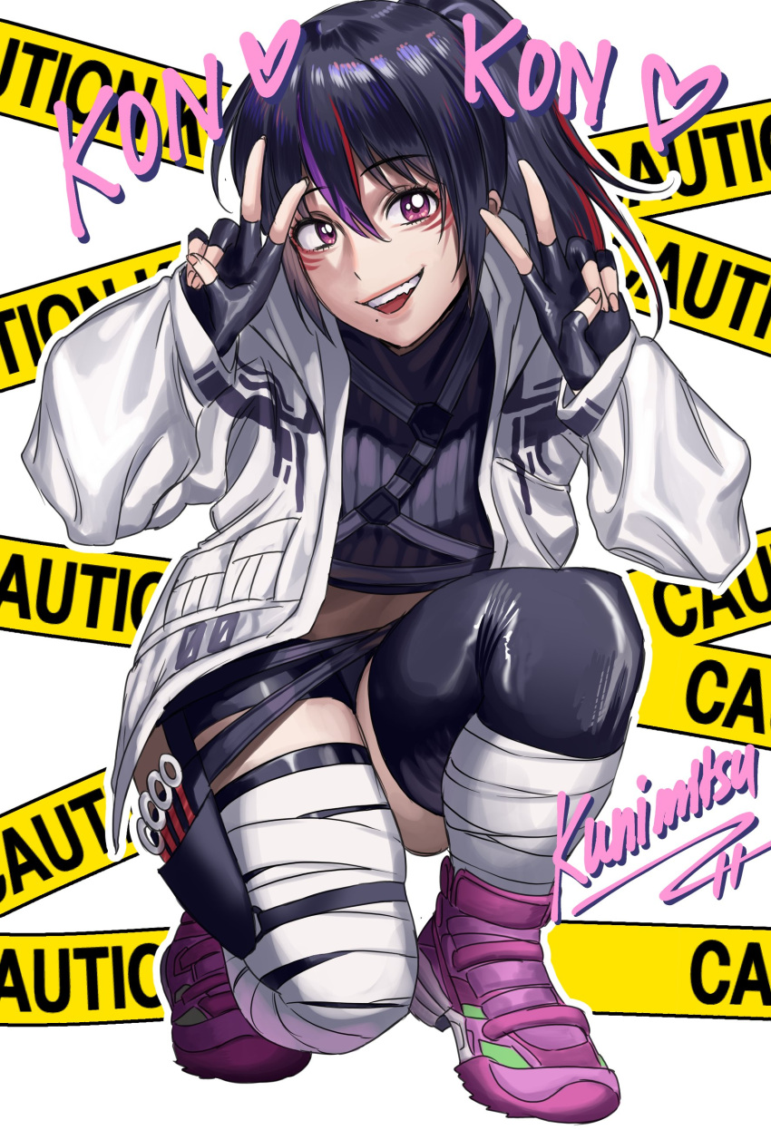 1girl absurdres bandaged_leg bandages bike_shorts black_hair casual caution_tape character_name crop_top double_v english_commentary fang flat_chest full_body hair_between_eyes hanny_(uirusu_chan) highres holster hood hoodie kunai kunimitsu_ii lips long_hair looking_at_viewer mole mole_under_mouth multicolored_hair open_clothes open_hoodie ponytail purple_eyes purple_footwear shoes smile sneakers solo squatting streaked_hair tekken tekken_7 thigh_holster thighhighs upper_teeth v weapon whisker_markings white_hoodie