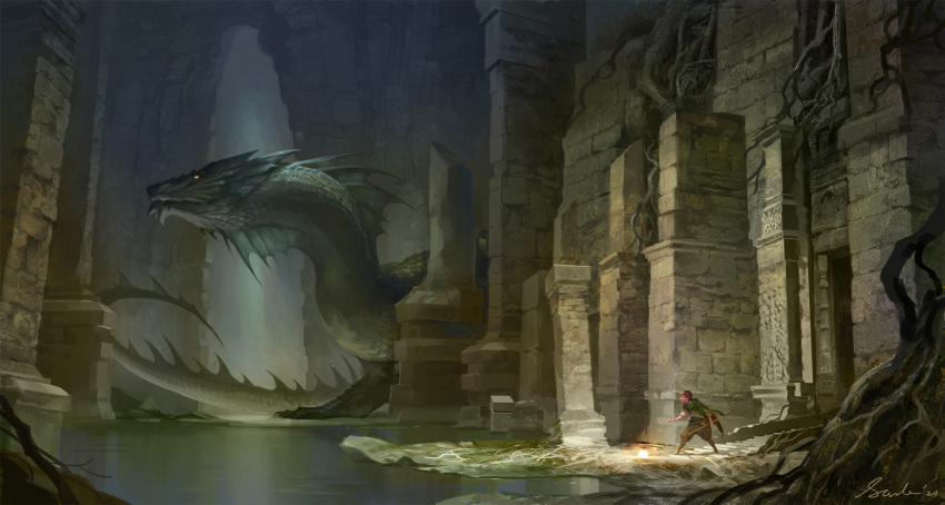 2021 amazing_background ambiguous_gender clothed clothing colored detailed_background digital_media_(artwork) digital_painting_(artwork) dragon duo feral hiding holding_object human larger_ambiguous larger_feral light lighting male mammal outside ruins sandara shaded size_difference smaller_human smaller_male spines standing water