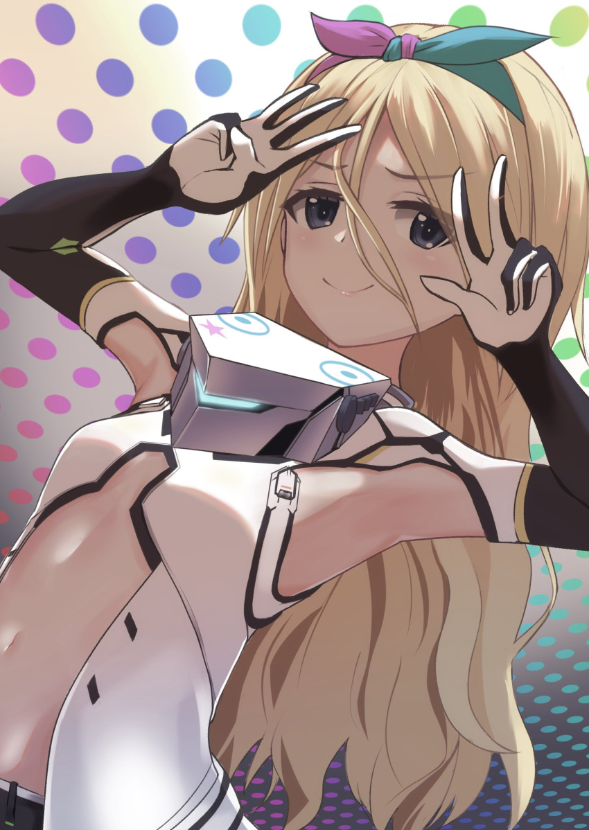 1girl alice_gear_aegis armpits bangs blonde_hair blue_eyes commentary_request double_v eyebrows_visible_through_hair flat_chest gloves hair_between_eyes hairband highres long_hair midriff miyaminami_hikari navel polka_dot polka_dot_background puripuri solo v