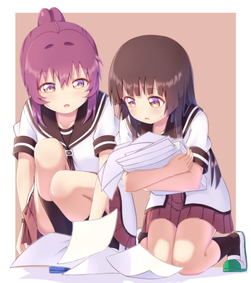 2girls :o ahoge bangs black_hair black_legwear black_sailor_collar blush border brown_eyes collarbone commentary_request dot_nose dress eyebrows_visible_through_hair highres holding holding_paper kneeling long_hair looking_at_object looking_down matsumoto_rise multiple_girls nanamori_school_uniform one_knee open_mouth outside_border paper pleated_dress pontasu ponytail purple_eyes purple_hair red_dress revision sailor_collar school_uniform serafuku shadow shirt shoes short_sleeves simple_background socks sugiura_ayano sweatdrop thighhighs uwabaki white_border white_footwear white_shirt yuru_yuri