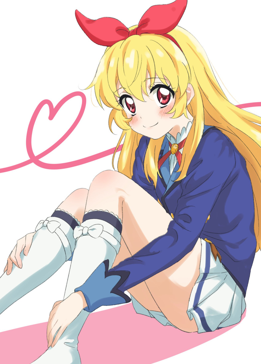 1girl aikatsu! aikatsu!_(series) blazer blonde_hair blue_jacket blue_skirt blush boots bow colored_shadow hair_bow hairband hands_on_own_legs heart highres hoshimiya_ichigo jacket knee_boots knees_together_feet_apart knees_up long_hair looking_at_viewer neck_ribbon pleated_skirt red_bow red_eyes red_hairband red_neckwear ribbon school_uniform shadow shirt single_stripe sitting skirt smile socks solo starlight_academy_uniform trg-_(sain) white_footwear white_legwear white_shirt white_skirt