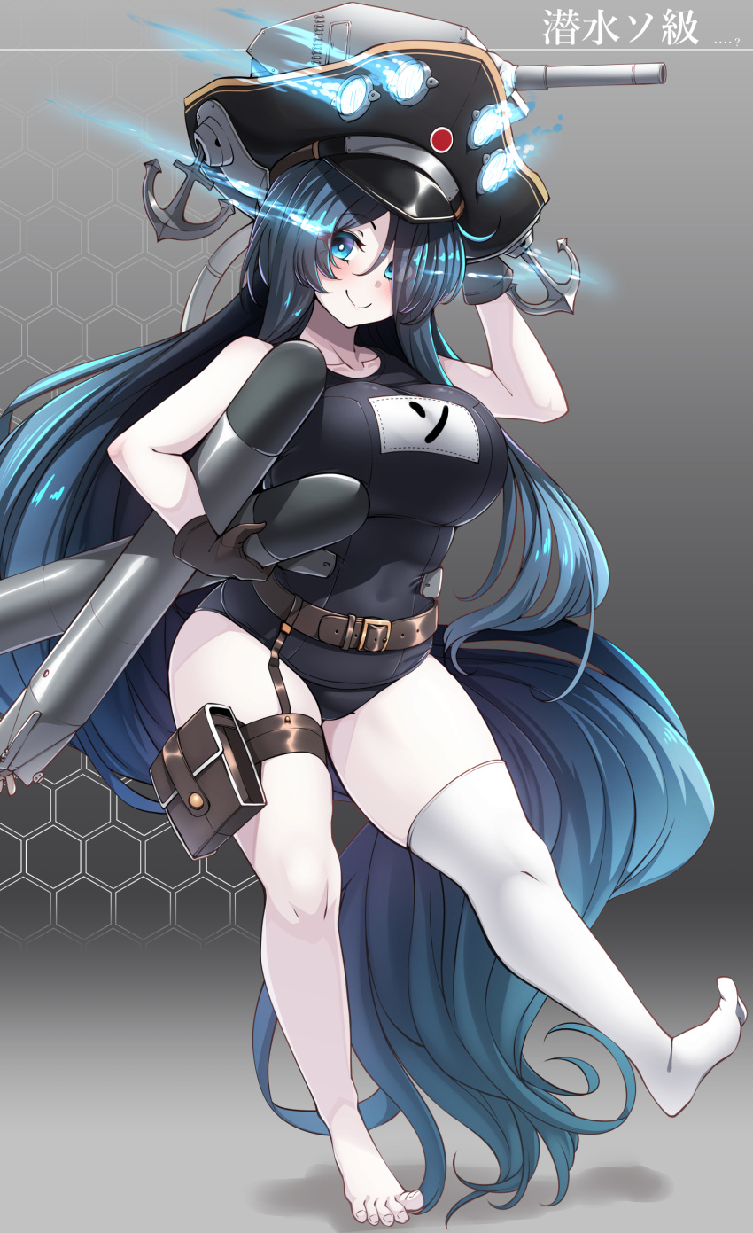 1girl absurdly_long_hair absurdres abyssal_ship anchor arm_up belt belt_pouch black_gloves black_hair blue_eyes blush breasts commentary_request covered_navel eyebrows_visible_through_hair gloves glowing glowing_eyes hat highres holding holding_torpedo ka-class_submarine kantai_collection konoshige_(ryuun) large_breasts long_hair looking_at_viewer name_tag pale_skin pouch simple_background single_thighhigh smile solo thigh_strap thighhighs torpedo turret very_long_hair white_legwear