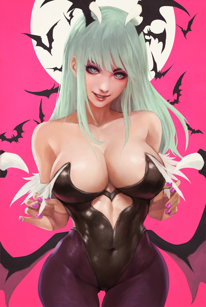 1girl absurdres ass_visible_through_thighs bangs bat bat_wings black_hair breasts bridal_gauntlets cleavage clothing_cutout collarbone covered_abs covered_navel demon_girl english_commentary eyelashes eyeliner eyeshadow fingerless_gloves full_moon fur_trim gloves green_eyes green_hair head_tilt head_wings heart_cutout highres large_breasts leotard lips long_hair looking_at_viewer low_wings makeup monori_rogue moon morrigan_aensland pantyhose parted_lips pink_background pink_eyeshadow pink_gloves pink_nails purple_legwear purple_wings shiny shiny_clothes smile solo strapless strapless_leotard thick_eyebrows thigh_gap vampire_(game) wings