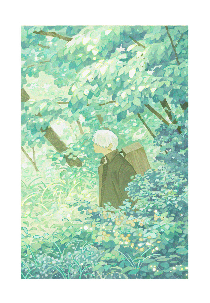 1boy absurdres border cigarette george_park ginko grass green_theme highres leaf mushishi nature outdoors plant short_hair solo white_border white_hair