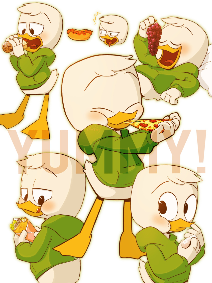 3:4 anatid anseriform anthro avian bird blush bottomless burrito clothed clothing disney duck ducktales ducktales_(2017) food grape hi_res hoodie hot_dog louie_duck male pizza solo text topwear