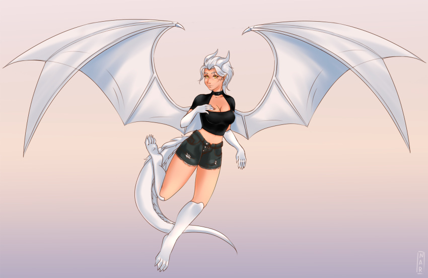 anthro bottomwear breasts butt choker clothed clothing digital_media_(artwork) dragon female full-length_portrait fur hair hi_res horn human jewelry lady_nora looking_at_viewer mammal narikusha necklace paws portrait scales shirt shorts simple_background sketch smile solo topwear twokinds undershirt webcomic webcomic_character white_background white_body wings