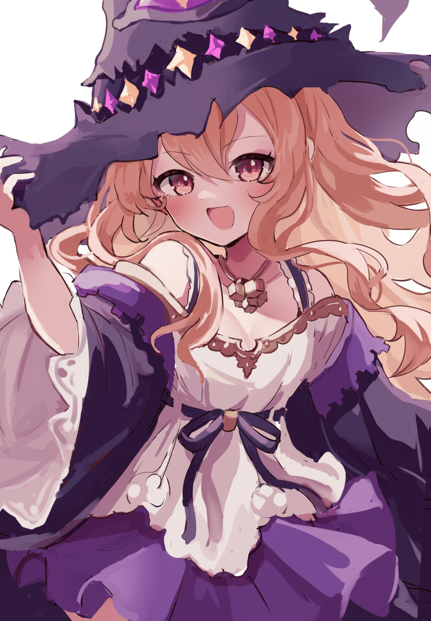 1girl :d absurdres bangs bare_shoulders black_headwear blonde_hair blush breasts cleavage cowboy_shot detached_sleeves dorothy_(shingeki_no_bahamut) eyebrows_visible_through_hair gold_trim hair_between_eyes hand_on_headwear hat highres jewelry karunabaru long_hair looking_at_viewer necklace open_mouth pink_eyes purple_ribbon purple_skirt purple_sleeves ribbon shadowverse shingeki_no_bahamut shirt simple_background skirt small_breasts smile solo standing wavy_hair white_background white_shirt wide_sleeves witch_hat
