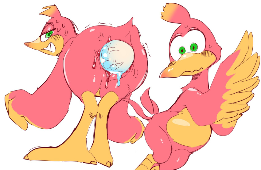 2021 anthro avian banjo-kazooie beak bodily_fluids breegull clenched_teeth egg feathers female front_view green_eyes hi_res kazooie looking_at_viewer looking_back looking_back_at_viewer nude oviposition rareware rear_view red_body red_feathers solo sweat teeth uyu video_games