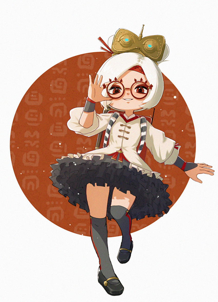 1girl adjusting_eyewear amuku backpack bag black_footwear black_legwear black_skirt blush commentary english_commentary flat_chest frilled_skirt frills full_body grin hair_ornament hair_stick hand_up happy headband headgear highres hylian_(language) layered_skirt leg_up looking_at_viewer over-kneehighs purah randoseru red-framed_eyewear red_background red_eyes red_headband shirt shoes short_hair short_sleeves simple_background skirt smile solo standing standing_on_one_leg teeth the_legend_of_zelda the_legend_of_zelda:_breath_of_the_wild thighhighs thighs topknot two-tone_background vambraces white_background white_hair white_shirt