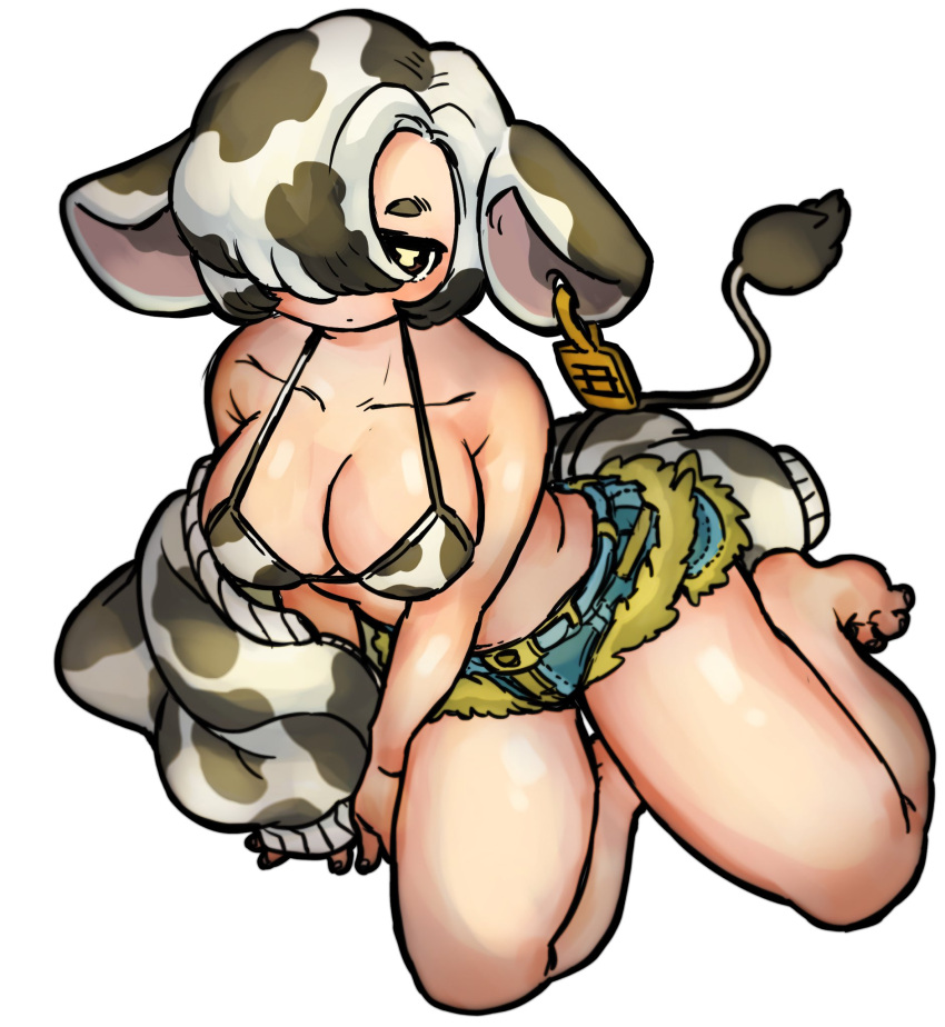 1girl animal_ears animal_print bare_arms bare_legs bare_shoulders bikini bikini_shorts bikini_top blue_shorts breasts bright_pupils brown_eyes closed_mouth commentary cow_ears cow_girl cow_print cow_tail ear_tag earrings fingernails full_body hair_over_one_eye highres jacket jewelry large_breasts looking_at_viewer medium_hair micro_shorts off_shoulder one_eye_covered original shima_(wansyon144) shorts simple_background sitting solo swimsuit tail toenails white_background white_pupils yokozuwari