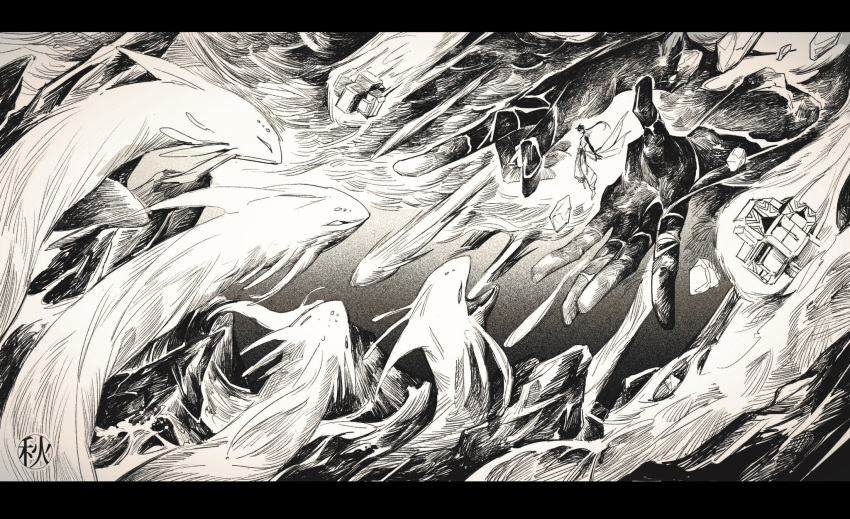 1boy akiyu221b cloud floating genshin_impact greyscale hands highres hood hood_down letterboxed long_hair male_focus monochrome monster osial_(genshin_impact) outdoors ponytail rock traditional_media water zhongli_(genshin_impact)