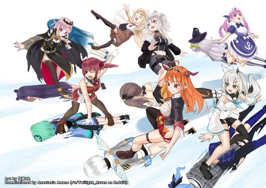 &gt;_&lt; 6+girls :d \||/ absurdres afterimage ahoge amane_kanata anchor_print anchor_symbol angel angel_wings animal_costume animal_ears animal_hood animal_print ankle_boots ankle_cuffs aqua_eyes ascot asymmetrical_legwear balancing bangs bare_arms bare_hips bare_legs bare_shoulders belt belt_buckle black_bow black_capelet black_eyepatch black_footwear black_gloves black_headwear black_jacket black_neckwear black_shirt blonde_hair blue_bow blue_dress blue_footwear blue_hair blue_hoodie blue_legwear blue_neckwear blue_ribbon blue_sleeves blunt_bangs blush bodystocking boots bow bowtie braid breasts brown_belt brown_footwear brown_hair brown_legwear buckle butterfly_print buttons capelet choker cleavage closed_eyes closed_mouth commission crop_top crown detached_collar detached_sleeves detached_wings detective double_bun dragon_girl dragon_horns dress dress_bow drill_hair embroidery english_commentary english_text eyebrows_visible_through_hair eyepatch face_down falling fang flailing flat_chest foot_on_back fox_ears fox_girl fox_tail framed_breasts french_braid frilled_choker frilled_cuffs frilled_dress frills fur-trimmed_jacket fur_trim gawr_gura gloves gold_necklace gold_trim gradient_hair green_hair grey_footwear grey_shirt grey_skirt hair_between_eyes hair_intakes hair_ribbon hakuya_kung half_updo hand_in_hair hand_on_back hat hexagram_hair_ornament high_heel_boots high_heels highres hololive hololive_english hood hoodie horns hoshimachi_suisei houshou_marine human_board jacket jewelry kiryuu_coco large_breasts leather leather_belt leather_boots light_blush light_smile lion_ears lion_girl loafers long_hair long_sleeves looking_at_viewer looking_away looking_to_the_side lying maid_headdress mary_janes medium_breasts medium_hair midair midriff minato_aqua miniskirt monocle mori_calliope multicolored_hair multiple_girls murasaki_shion natsuiro_matsuri necklace ninomae_ina'nis o-ring okobo open_hand open_mouth orange_hair pink_hair pinstripe_legwear pinstripe_shirt pirate pirate_costume pleated_skirt pointy_ears ponytail puffy_sleeves purple_capelet purple_eyes purple_hair red_eyes red_hair red_neckwear red_ribbon red_skirt ribbon riding second-party_source see-through shadow shark_costume shark_hood shirakami_fubuki shirt shishiro_botan shoe_bow shoes short_dress short_hair short_sleeves side_bun side_ponytail sidelocks silver_hair simple_background single_leg_pantyhose skin_fang skin_tight skindentation skirt sleeveless sleeveless_shirt sleeves_past_wrists small_breasts smile snow snowboarding standing strapless strapless_dress striped striped_legwear syringe tail tentacle_hair thigh_strap thighhighs tied_hair tilted_headwear tsurime twin_braids twin_drills twintails two_side_up uruha_rushia vertical-striped_legwear vertical_stripes virtual_youtuber watson_amelia waving_arms white_background white_bow white_footwear white_gloves white_hair white_shirt white_skirt wide_sleeves wings witch_hat wrist_cuffs zipper_skirt