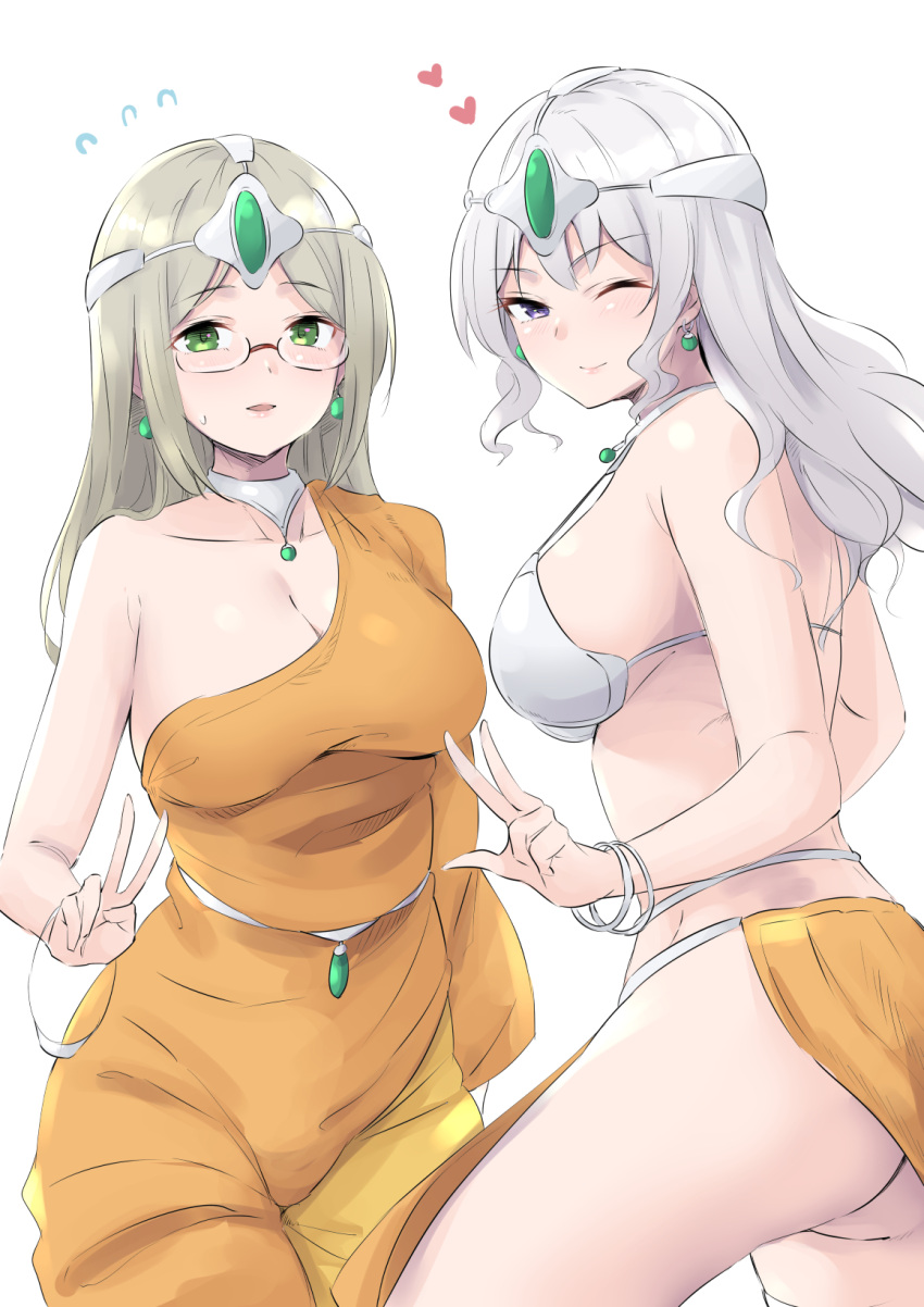 2girls armor ass bangs bikini_armor blonde_hair blush bracelet breasts circlet cleavage cosplay dragon_quest dragon_quest_iv earrings flying_sweatdrops glasses green_eyes heart highres jewelry kantai_collection kashima_(kancolle) katori_(kancolle) large_breasts loincloth long_hair manya manya_(cosplay) minea minea_(cosplay) multiple_girls one_eye_closed open_mouth pelvic_curtain purple_eyes sidelocks silver_hair simple_background smile sweat takomeshi v w white_background