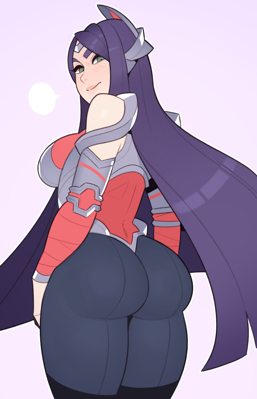 1girl absurdres ass bare_shoulders blush breasts breath commentary green_eyes highres irelia large_breasts league_of_legends long_hair looking_at_viewer looking_back pants purple_background purple_hair simple_background solo splashbrush thighs tight tight_pants very_long_hair