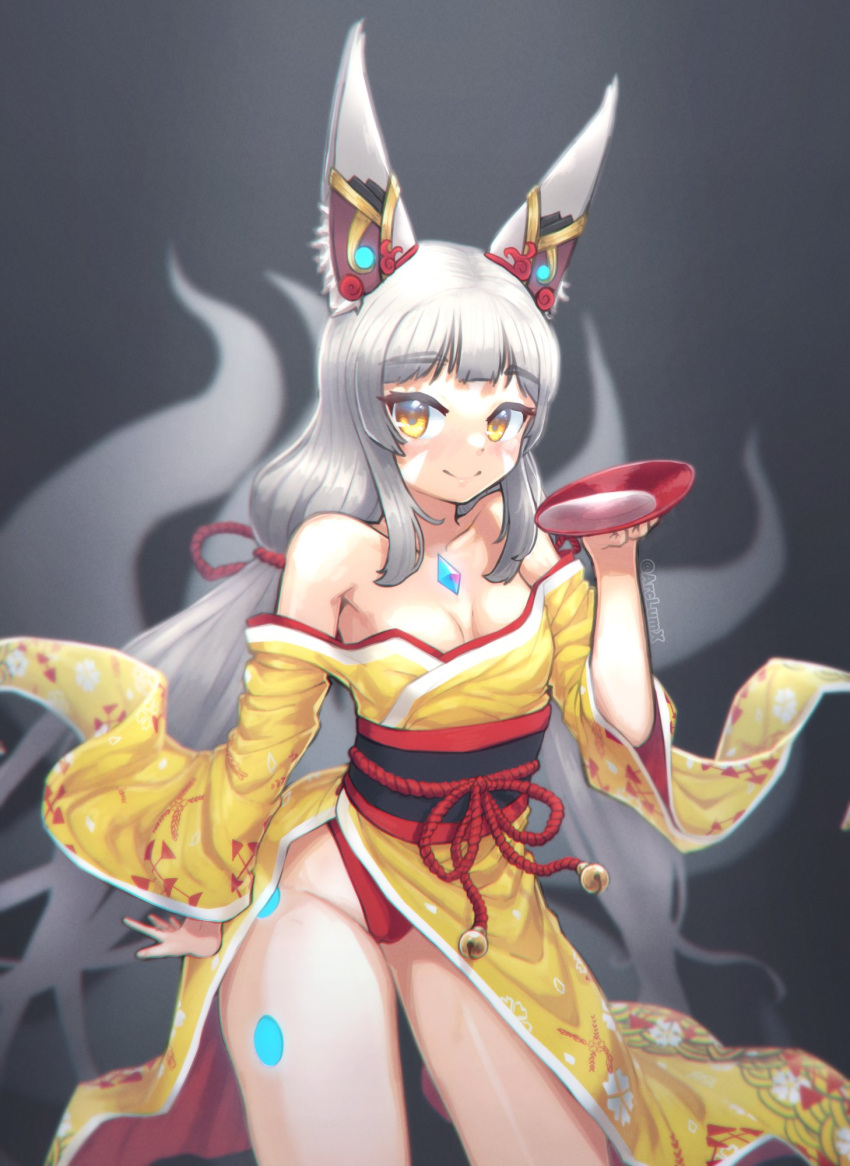 1girl alternate_costume animal_ear_fluff animal_ears arclumx bangs bare_shoulders blunt_bangs blush borrowed_design breasts collarbone fox_tail ghost_tail grey_hair highres long_hair long_sleeves medium_breasts multiple_tails nia_(blade)_(xenoblade) nia_(xenoblade) off_shoulder sidelocks smile solo tail very_long_hair wide_sleeves xenoblade_chronicles_(series) xenoblade_chronicles_2 yellow_eyes