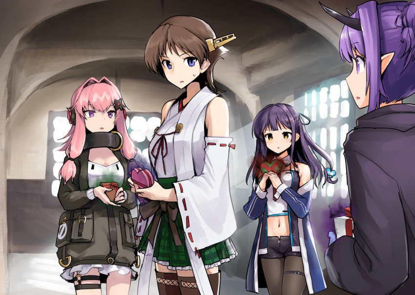 4girls :o arknights azur_lane bad_food bangs black_legwear black_shorts box breasts brown_hair crossover detached_sleeves ebizome gift gift_box girls_frontline green_skirt hair_bun hair_intakes hair_ornament hair_ribbon headgear headphones hibiscus_(arknights) hiei_(kancolle) highres holding holding_gift horns indoors jacket japanese_clothes k31_(girls_frontline) kantai_collection long_hair long_sleeves midriff mullany_(azur_lane) multiple_crossover multiple_girls navel nontraditional_miko off_shoulder open_mouth pantyhose pink_hair plaid plaid_skirt pointy_ears purple_eyes purple_hair ribbon ribbon-trimmed_sleeves ribbon_trim short_hair shorts sidelocks skirt sweat thigh_strap thighhighs tress_ribbon valentine wide_sleeves yellow_eyes