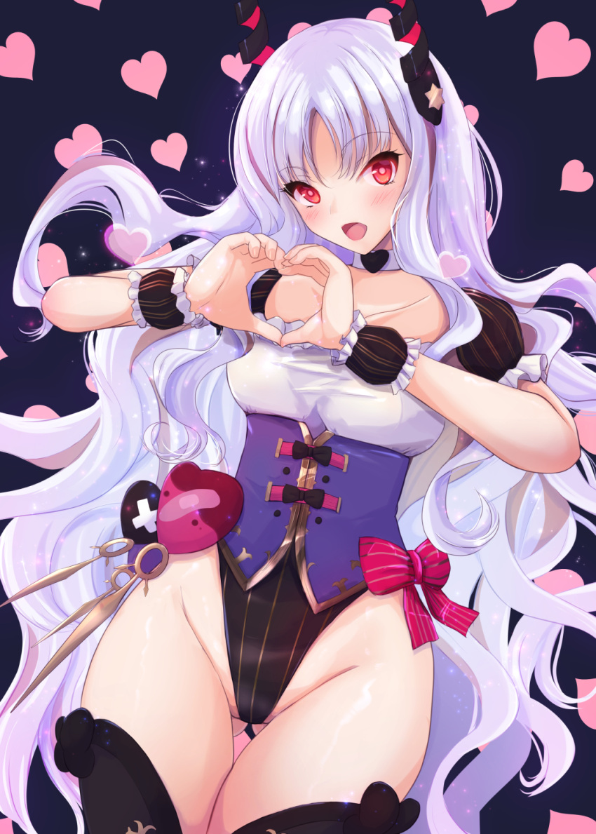 1girl bangs black_legwear bow breasts caren_hortensia caren_hortensia_(amor_caren) corset fate/grand_order fate_(series) frills hair_ornament heart heart_hands highleg highleg_leotard highres leotard long_hair looking_at_viewer medium_breasts okatora open_mouth pink_bow pink_eyes puffy_short_sleeves puffy_sleeves short_sleeves smile thighhighs thighs very_long_hair wavy_hair white_hair wrist_cuffs