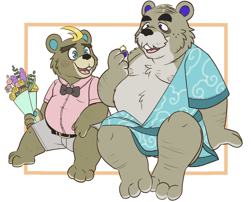 animal_crossing anthro asian_clothing beaver belly blush bouquet bow_tie c.j._(animal_crossing) chip_(animal_crossing) clothing digit_ring duo east_asian_clothing embarrassed facial_hair hairy_legs hi_res japanese_clothing jewelry kimono male mammal mature_male mustache nintendo nipples overweight ring rodent tbid video_games wedding_ring