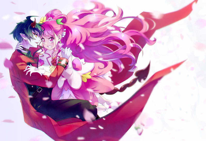 1boy 1girl black_pants blue_skin clenched_teeth coat collarbone colored_skin cure_grace daruizen diadem dress gloves green_hair hanadera_nodoka hand_in_another's_hair hand_on_another's_shoulder healin'_good_precure highres horns kyoutsuugengo layered_dress long_hair long_sleeves pants pink_eyes pink_hair pointy_ears precure red_coat shiny shiny_hair short_dress short_hair single_horn sparkle teeth v-shaped_eyebrows very_long_hair white_footwear white_gloves yellow_eyes