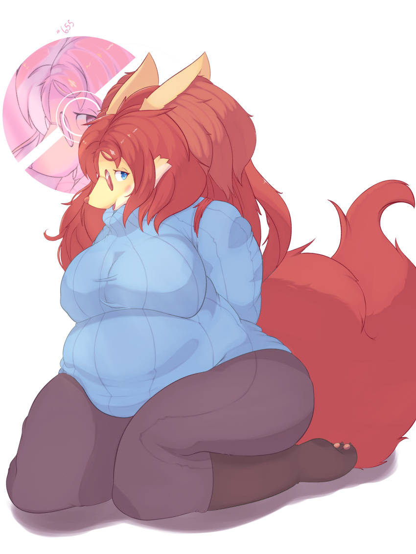 3:4 abdominal_bulge absurd_res anthro belly belly_squish big_breasts big_ears blue_eyes blush breasts canid canine claws clothing delphox featureless_breasts feet female fox fur hair hands_behind_back hi_res homemosaco looking_at_viewer mammal nintendo obese obese_anthro obese_female one_eye_obstructed orange_body orange_fur orange_nose overweight overweight_anthro overweight_female pok&eacute;mon pok&eacute;mon_(species) pose red_hair smile solo squish tan_body thick_thighs toe_claws toes video_games yellow_body yellow_fur