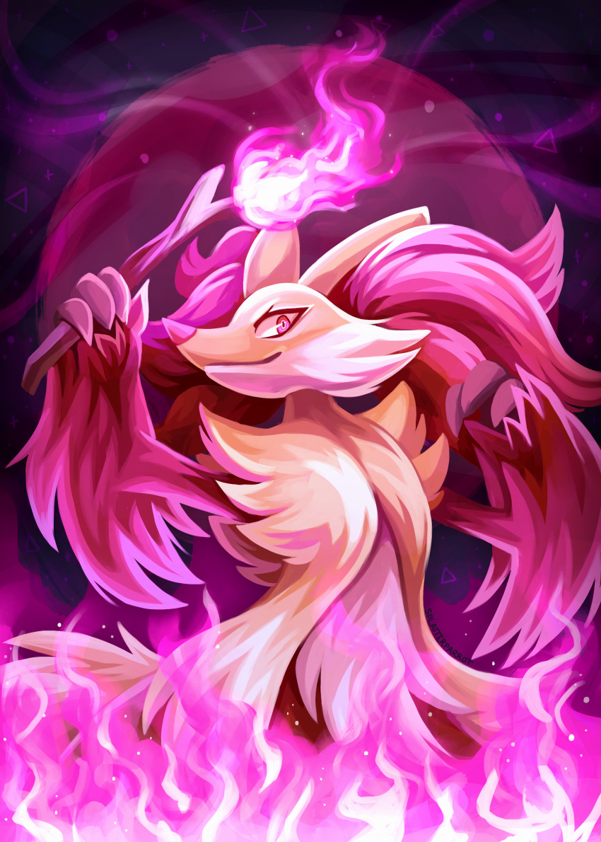 2019 absurd_res ambiguous_gender anthro arm_tuft canid canine cheek_tuft colored_fire delphox digital_media_(artwork) ear_tuft elbow_tufts facial_tuft fire fur hi_res holding_object mammal nintendo pink_fire pok&eacute;mon pok&eacute;mon_(species) power_tool red_body red_eyes red_fur red_nose shoulder_tuft smile splatterparrot tools torch tuft video_games yellow_body yellow_fur