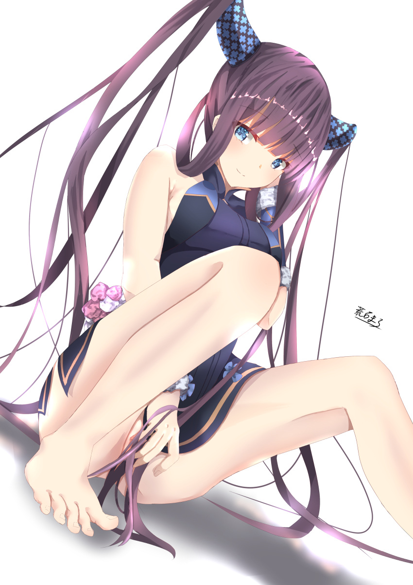 1girl absurdres araishi_maro bangs bare_shoulders black_dress blue_eyes blush breasts china_dress chinese_clothes cleavage detached_sleeves dress fate/grand_order fate_(series) feet hair_ornament highres knees_up large_breasts legs long_hair looking_at_viewer purple_hair short_dress side_slit sidelocks sitting smile thighs toes twintails very_long_hair yang_guifei_(fate)