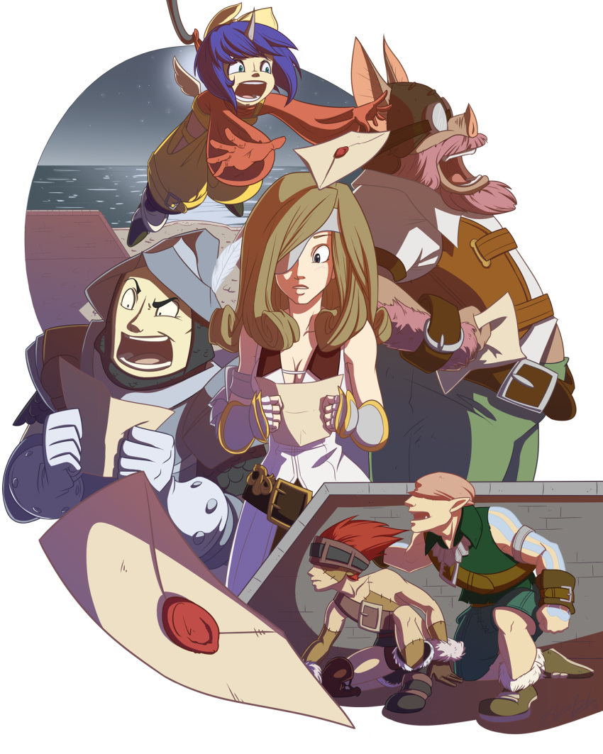 2girls 4boys adelbert_steiner armor baku_(ff9) beatrix_(ff9) blank eiko_carol eyepatch final_fantasy final_fantasy_ix highres horns laughing_man letter long_hair marcus moon multiple_boys multiple_girls ocean reading wax_seal wings