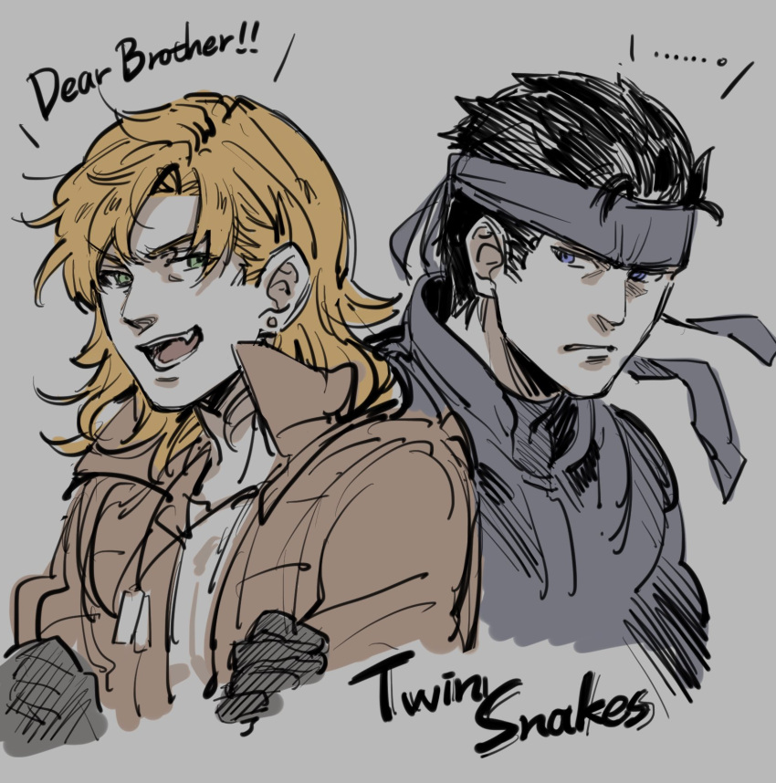 2boys :d bandana blonde_hair blue_eyes brothers dog_tags earrings english_text eyebrows_visible_through_hair fang gloves green_eyes grimace highres jewelry liquid_snake long_hair looking_at_another male_focus metal_gear_(series) metal_gear_solid multiple_boys noriuma open_mouth short_hair siblings smile solid_snake upper_body