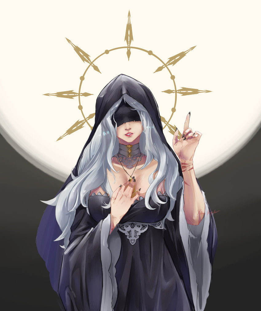 1girl absurdres artist_name black_dress black_nails breasts covered_eyes cross cross_necklace dress fingernails hand_on_own_chest hand_up highres hood jewelry lips long_hair nail_polish necklace nun open_mouth original otak_raptor scar scar_on_arm silver_hair simple_background solo white_hair
