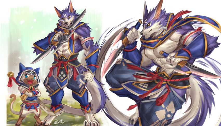 action_pose anthro black_sclera blue_body blue_eyes blue_fur canyne capcom claws clothed clothing crossed_arms dual_wielding duo felid felyne fur hi_res holding_object holding_weapon looking_at_viewer lynian male mammal melee_weapon monster_hunter multiple_poses open_mouth open_smile palamute palico pose rabbity smile toe_claws video_games weapon white_body white_fur yellow_eyes