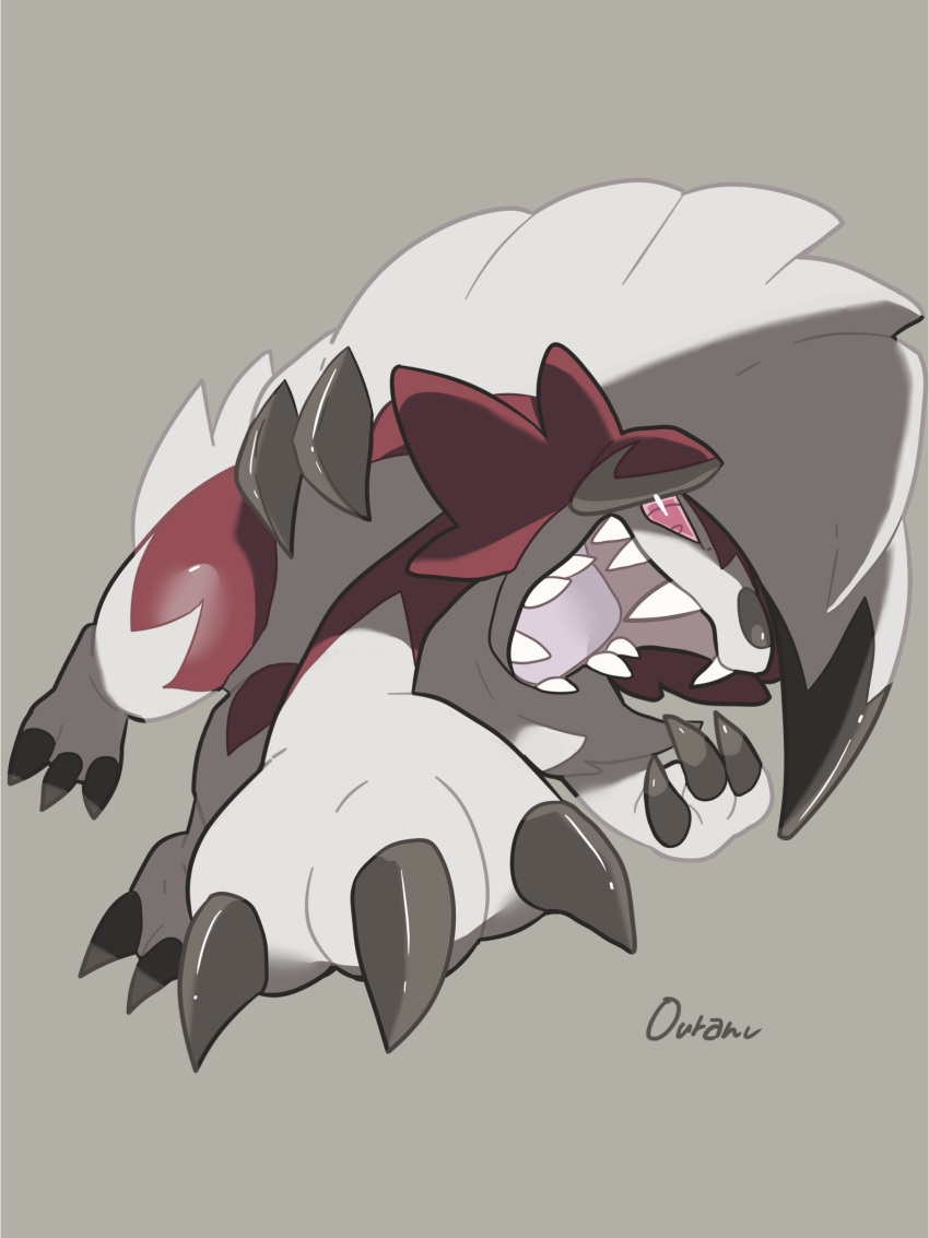 absurdres commentary full_body gen_7_pokemon grey_background highres lycanroc lycanroc_(midnight) no_humans open_mouth ouran pokemon pokemon_(creature) sharp_teeth signature simple_background solo teeth tongue