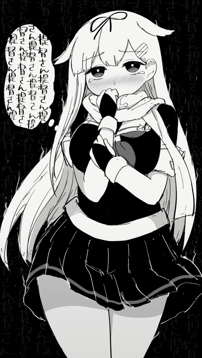 1girl bangs blush breasts eyebrows_visible_through_hair fingerless_gloves gloves greyscale hair_flaps hair_ornament hair_ribbon hairclip highres kantai_collection long_hair monochrome neckerchief pleated_skirt remodel_(kantai_collection) ribbon sailor_collar scarf school_uniform serafuku short_sleeves simoyuki skirt solo tears translation_request yuudachi_(kancolle)