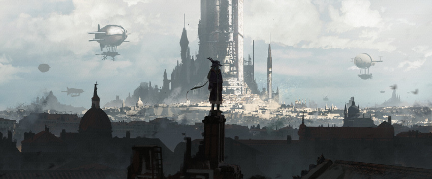1girl absurdres aircraft asteroid_ill bird blonde_hair blur city cityscape cloud cloudy_sky dirigible fantasy flock full_body highres iris_(asteroid_ill) looking_afar low_ponytail medieval original scenery sky standing wide_shot