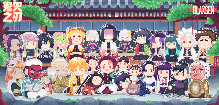 6+boys 6+girls absurdres agatsuma_zenitsu aqua_hair artist_name bangs black_hair blaxsen blonde_hair blue_eyes blunt_bangs boar_mask bow braid brown_eyes brown_hair butterfly_hair_ornament character_request check_character covered_mouth earrings ghost green_eyes green_hair haganezuka_hotaru hair_bow hair_ornament hanafuda hand_up haori hashibira_inosuke heterochromia highres himejima_gyoumei iguro_obanai japanese_clothes jewelry kamado_nezuko kamado_tanjirou kanroji_mitsuri kanzaki_aoi_(kimetsu_no_yaiba) kimetsu_no_yaiba kimono kochou_kanae kochou_shinobu kuwajima_jigorou leaf makomo_(kimetsu) mask multicolored_hair multiple_boys multiple_girls nakahara_sumi one_eye_closed outline parted_bangs pink_bow pink_hair purple_eyes purple_hair red_eyes red_hair rengoku_kyoujurou sabito_(kimetsu) sandals scar scar_on_face scar_on_forehead shinazugawa_genya shinazugawa_sanemi sitting snake takada_naho tears terauchi_kiyo tokitou_muichirou tomioka_giyuu tree tsuyuri_kanao two-tone_hair ubuyashiki_hinaki ubuyashiki_kagaya ubuyashiki_nichika urokodaki_sakonji uzui_tengen white_hair white_outline wide_shot yellow_eyes